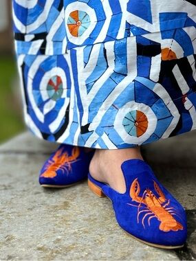 Pancora Royal Blue Suede Slip-On Mules with Orange Lobster Embroidery
